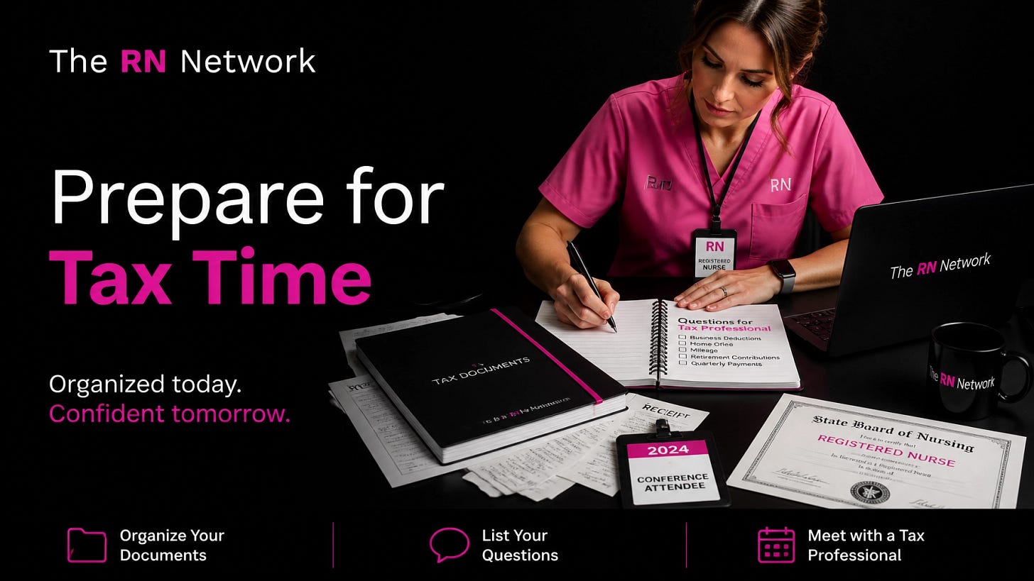 Real nurse in neutral scrubs preparing organized tax questions and expense folders at a dark desk with RN Network logo