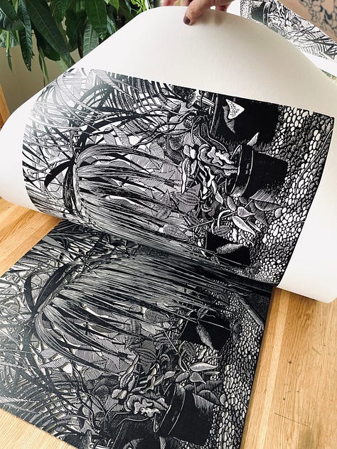 Process of creation 'Green House' Linocut Print