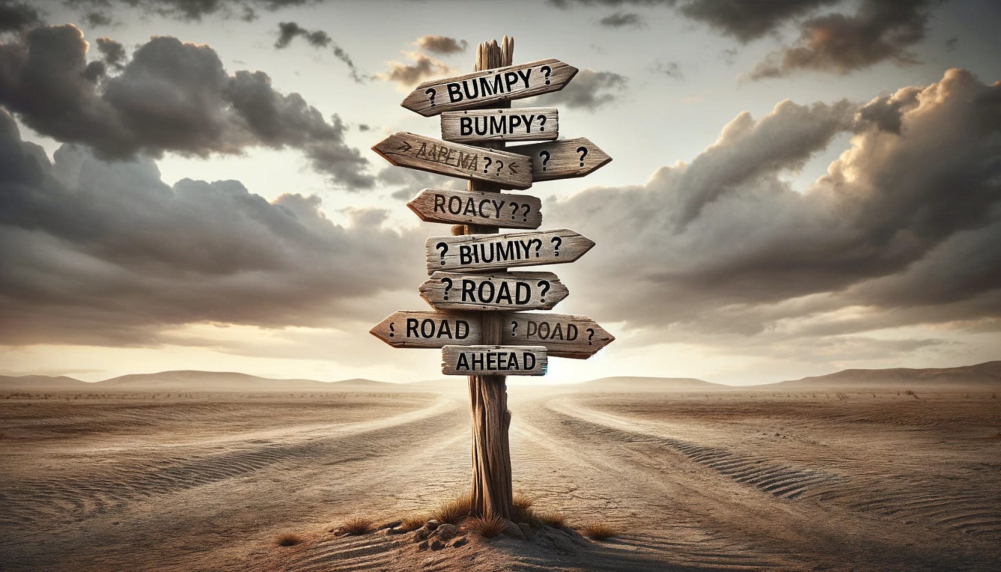 Create an image depicting confusion and challenges using a rustic wooden signpost on a barren landscape. The signpost should have multiple signs pointing in different directions with phrases like 'Bumpy', 'Road', and 'Ahead'. The background should be a cloudy sky and a barren terrain, symbolizing challenges and obstacles ahead. The style should convey a sense of adventure and uncertainty, suitable for use as wallpaper on a personal laptop.
