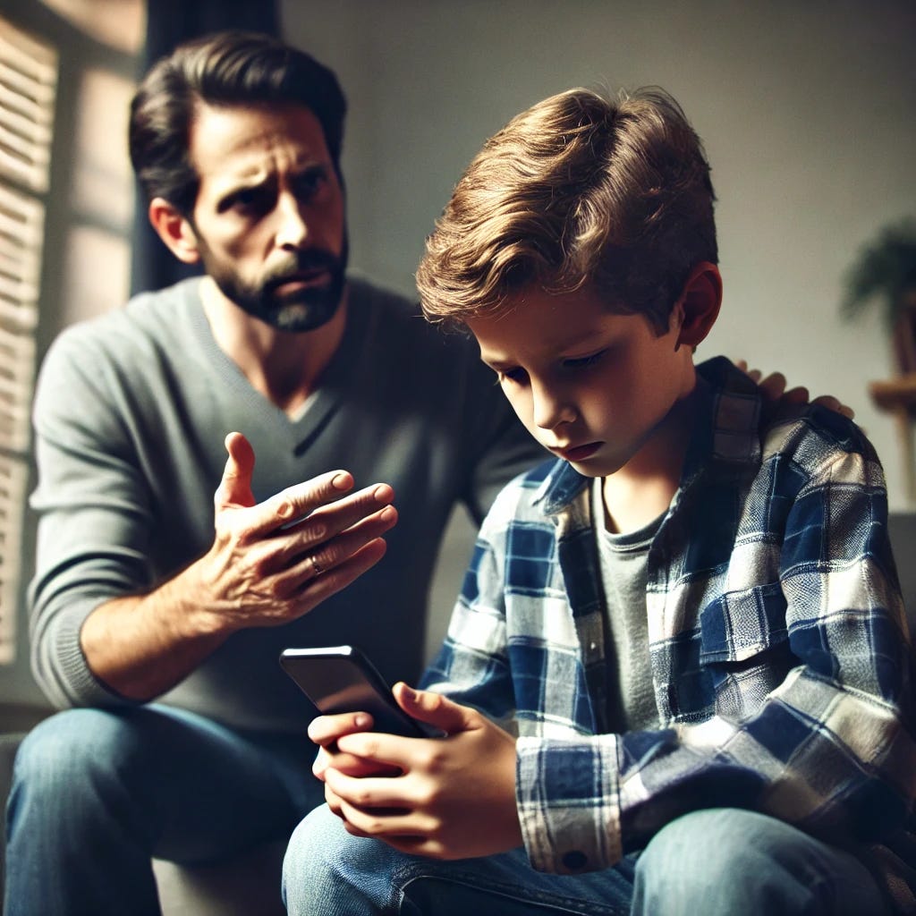 An image depicting a father chastizing his son over his phone usage, attempting to instill a sense of shame.