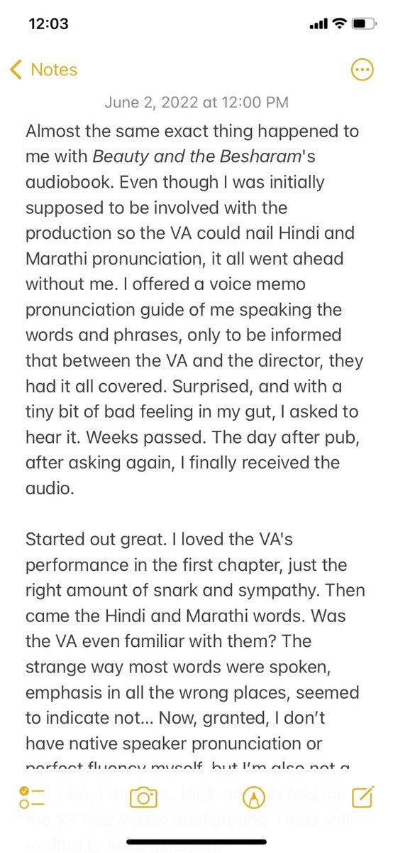 Almost the same exact thing happened to me with Beauty and the Besharam's audiobook. Even though I was initially supposed to be involved with the production so the VA could nail Hindi and Marathi pronunciation, it all went ahead without me. I offered a voice memo pronunciation guide of me speaking the words and phrases, only to be informed that between the VA and the director, they had it all covered. Surprised, and with a tiny bit of bad feeling in my gut, I asked to hear it. Weeks passed. The day after pub, after asking again, I finally received the audio.
Started out great. I loved the VA's performance in the first chapter, just the right amount of snark and sympathy. Then came the Hindi and Marathi words. Was the VA even familiar with them? The strange way most words were spoken, emphasis in all the wrong places, seemed to indicate not… Now, granted, I don’t have native speaker pronunciation or perfect fluency myself, but I’m also not a VA!