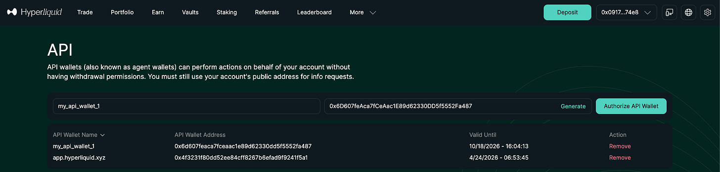 Hyperliquid console showing API wallet management interface with agent wallet addresses, validity dates, and authorize API wallet button
