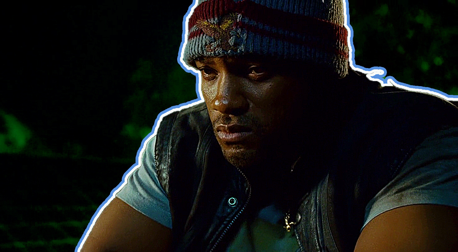 Will Smith looking sad in Hancock