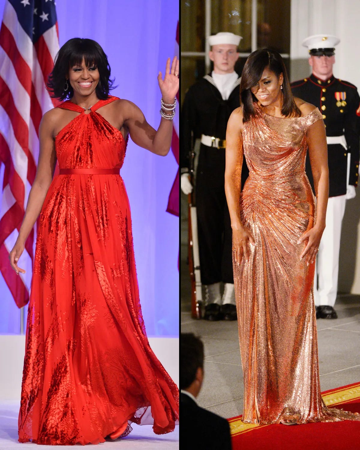 Two photos of Michelle Obama in elegant evening gowns—on the left, she wears a red halter-neck dress while waving at an event with an American flag in the background; on the right, she wears a shimmering rose-gold one-shoulder gown at what appears to be a formal White House event with Marines in dress uniforms visible in the background.