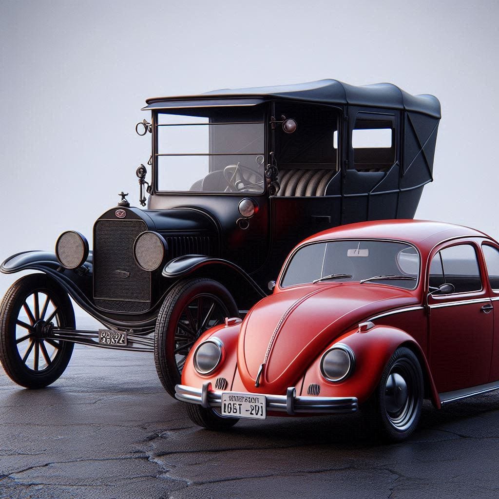 Black model T Ford and a Red volkswagon beetle photorealistic