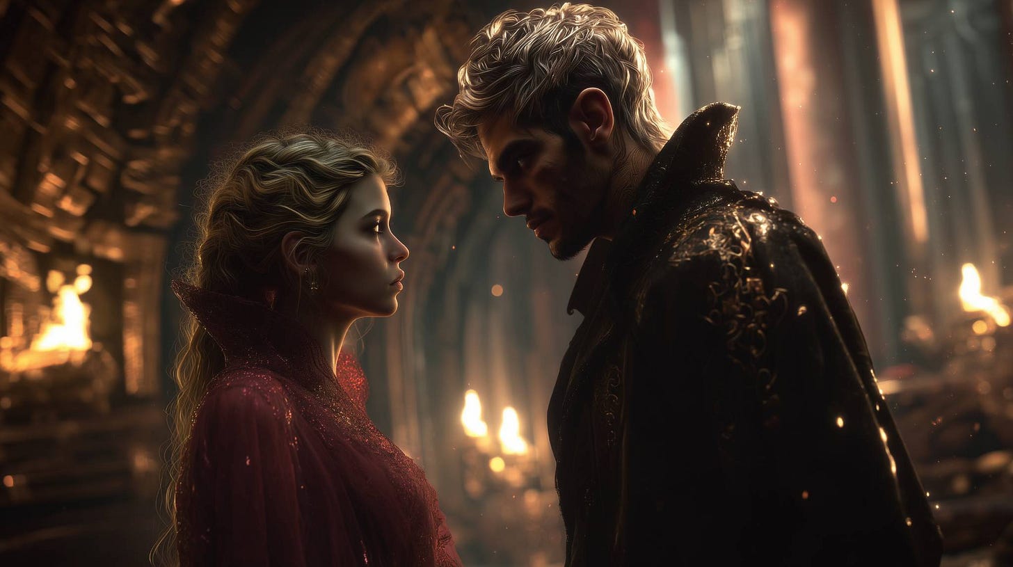 A regal woman in a red gown faces a silver-haired man in an ornate black coat inside a golden, firelit hall, their expressions intense and intimate.