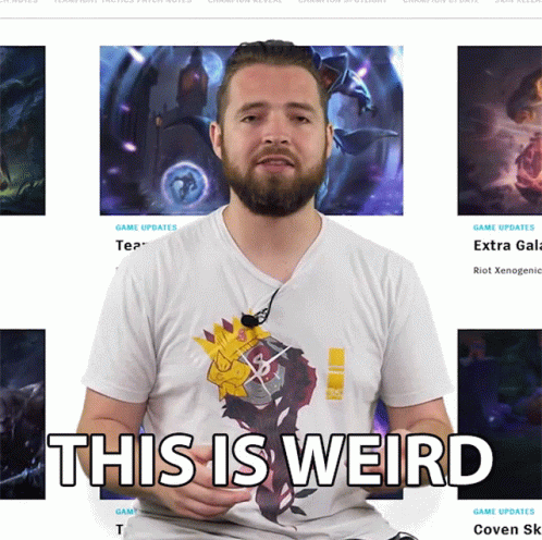 a man with a beard wearing a white shirt says this is weird