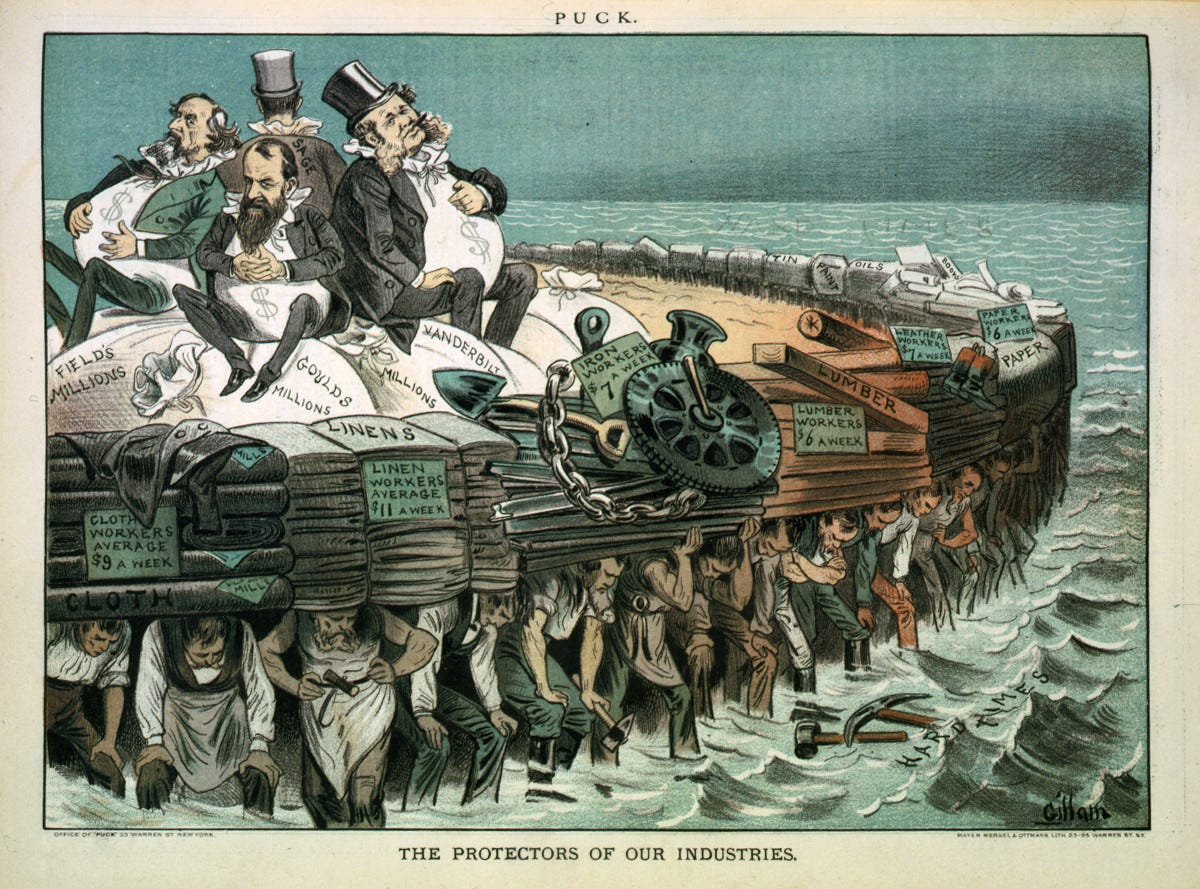 Political Cartoon by Puck shows the rich tycoons sitting on their bags of money, protected from a sea of 'hard times' by a wall of low-paid workers.