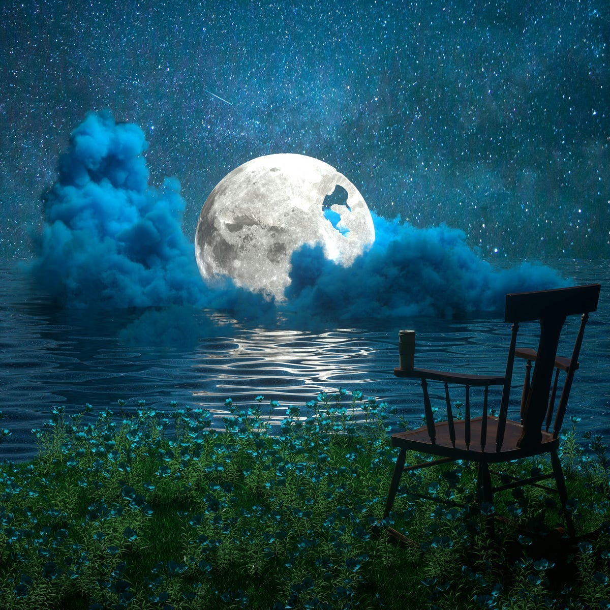 Dream scene, Moon, lake and an old chair near the water. Dream scene, Moon, lake and an old chair near the water.