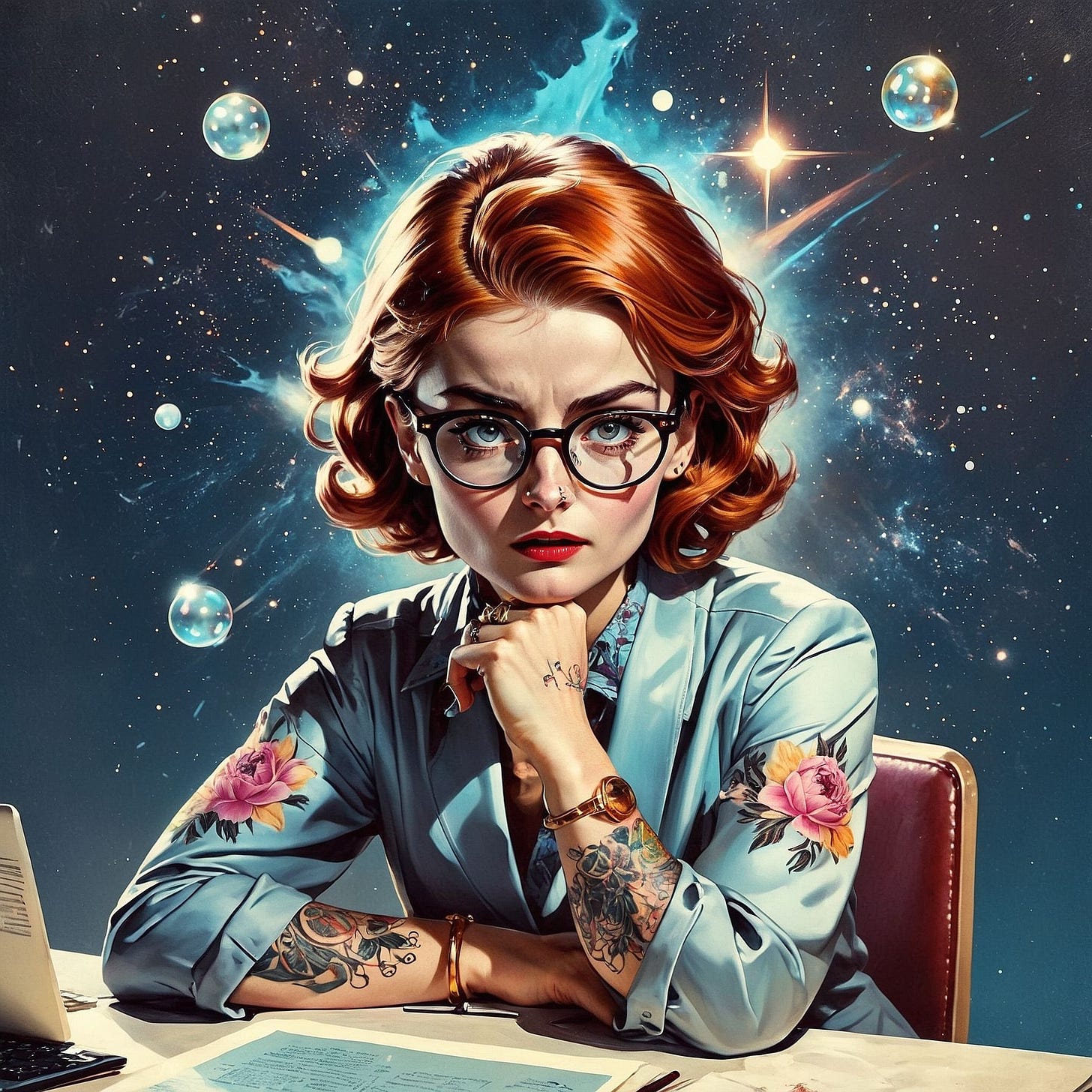 Whimsical digital portrait of a red-haired woman with vintage-style curls, wearing glasses and a light blue blouse embroidered with cats and flowers on the sleeves. She sits confidently at an office desk with folded arms, framed by sunflowers and leaves, against a dreamy, star-filled background with a glowing moon. The scene blends retro office aesthetics with surreal, fantasy-inspired elements. Whimsical digital portrait of a red-haired woman with vintage-style curls, wearing glasses and a light blue blouse embroidered with cats and flowers on the sleeves. She sits confidently at an office desk with folded arms, framed by sunflowers and leaves, against a dreamy, star-filled background with a glowing moon. The scene blends retro office aesthetics with surreal, fantasy-inspired elements.