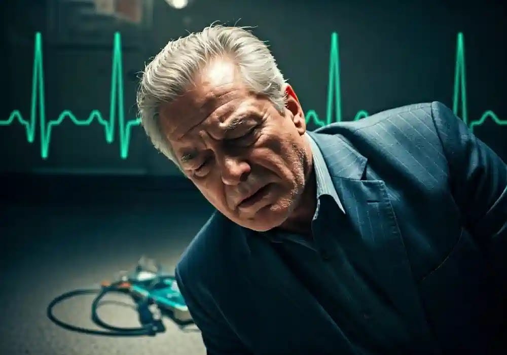 The Critical Connection Between AFib and Stroke An elderly man on the floor appears to be having a stroke, with an EKG signal in the background.