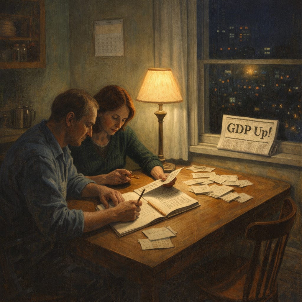 A moody, Hopper-style nighttime scene shows a couple hunched over a wooden kitchen table under a warm lamp, sorting receipts and writing in a ledger. City lights glow softly through the window behind them, while a folded newspaper on the table reads “GDP Up!”—a quiet contrast between upbeat headlines and anxious, meticulous budgeting. A moody, Hopper-style nighttime scene shows a couple hunched over a wooden kitchen table under a warm lamp, sorting receipts and writing in a ledger. City lights glow softly through the window behind them, while a folded newspaper on the table reads “GDP Up!”—a quiet contrast between upbeat headlines and anxious, meticulous budgeting.