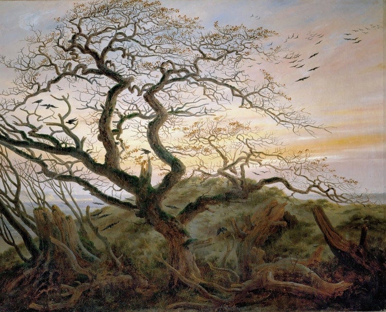 May include: A painting of a large, bare tree with twisted branches against a pale sky.  The tree is in the foreground, and there are several smaller trees and stumps in the background.  There are many crows flying in the sky.