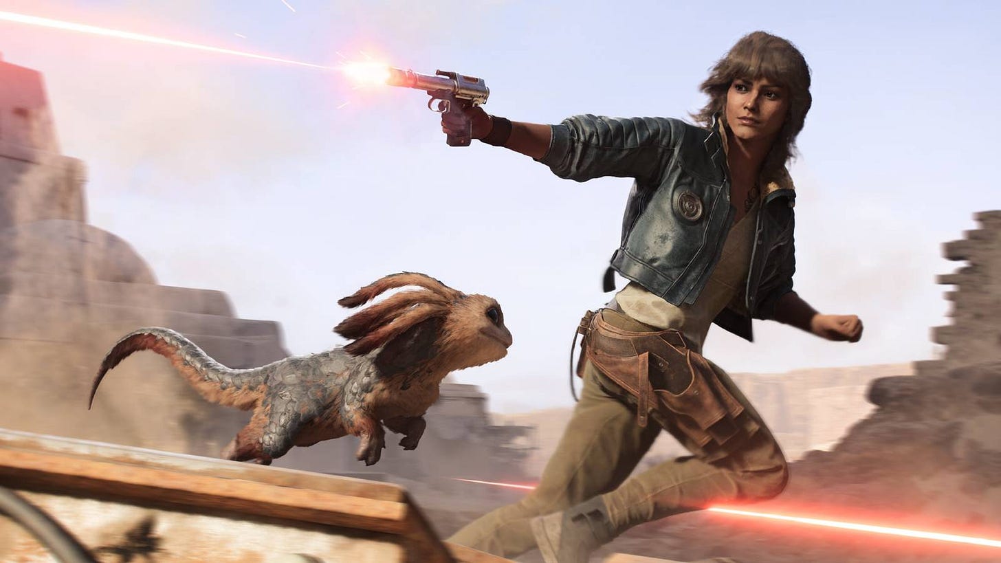 Kay Vess fires a laser blaster behind her as she and her merqaal companion, Nix, run away in Star Wars Outlaws