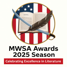 MWSA Awards 2025 Season logo with an open book, feather quill, and sword over a U.S. flag backdrop; text reads “Celebrating Excellence in Literature.”
