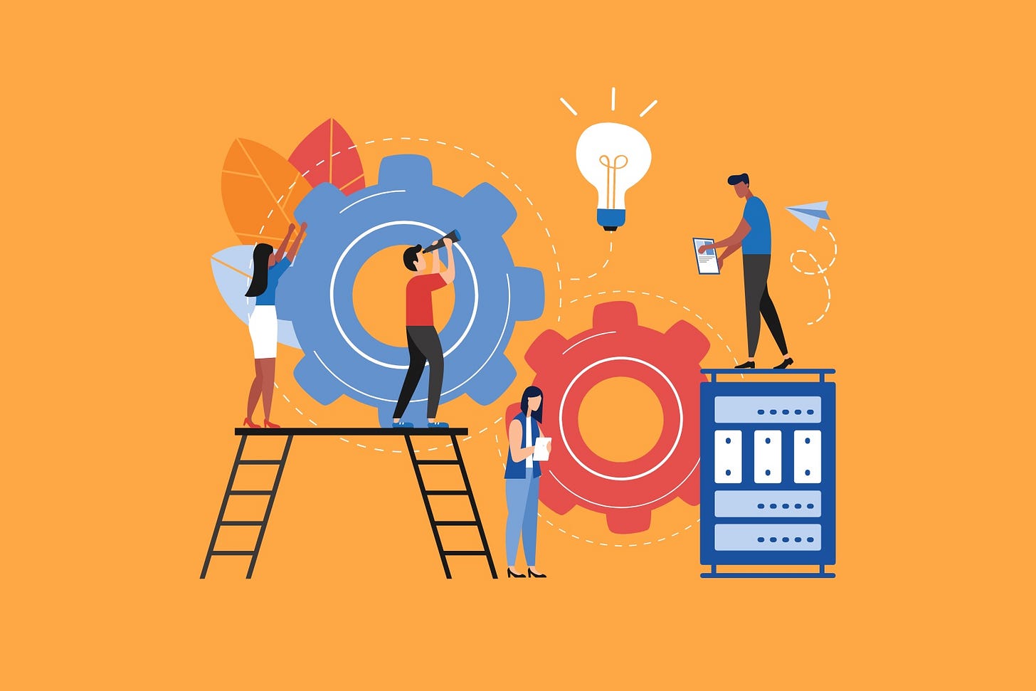 A clip art of 4 people engagining in their learning. The women wearing a blue shirt in the left is turning a gear. The man with a red shirt is looking at the sky through a telescope. The women with the blue vest is holding paper, presumably reading it. The man in the right is holding a clipboard. A clip art of 4 people engagining in their learning. The women wearing a blue shirt in the left is turning a gear. The man with a red shirt is looking at the sky through a telescope. The women with the blue vest is holding paper, presumably reading it. The man in the right is holding a clipboard.