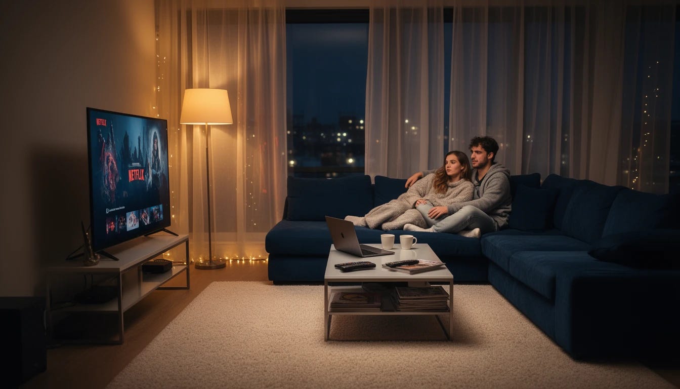 Young couple watching netflix in living room with tv in front of them Young couple watching netflix in living room with tv in front of them