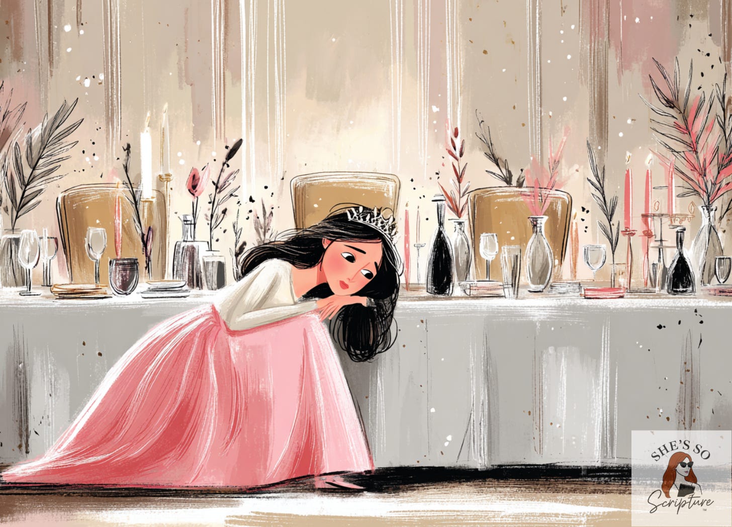 Illustration of a woman rising from beneath a royal banquet table toward an open seat, symbolizing restored identity and spiritual calling. Illustration of a woman rising from beneath a royal banquet table toward an open seat, symbolizing restored identity and spiritual calling.