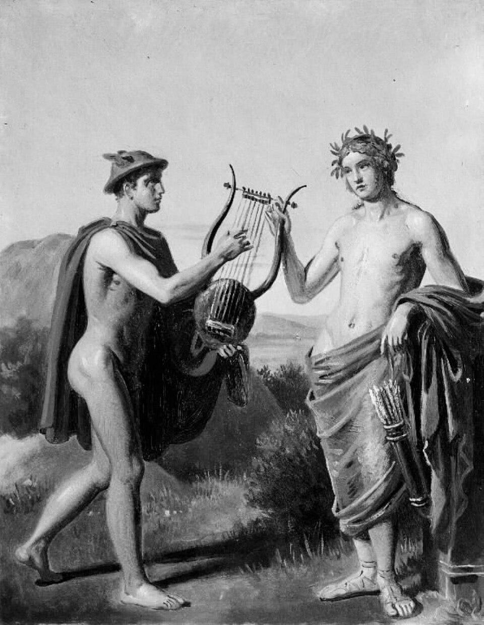Black and white image of Hermes and Apollo.