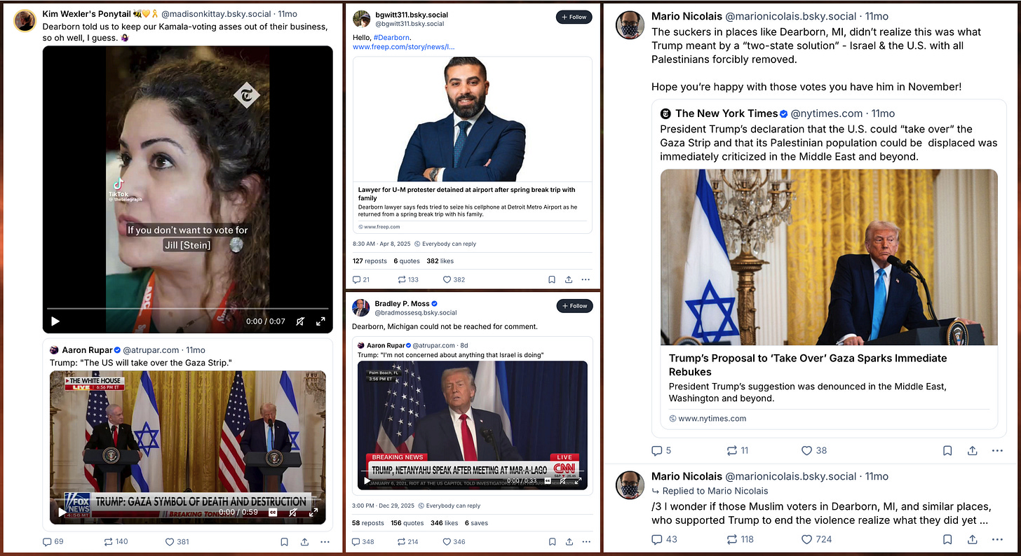 collage of Bluesky posts attacking Dearborn