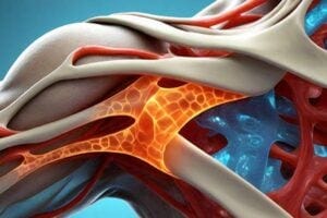 A digital illustration of a human shoulder joint, with the rotator cuff tendons and bursa highlighted in different colors.