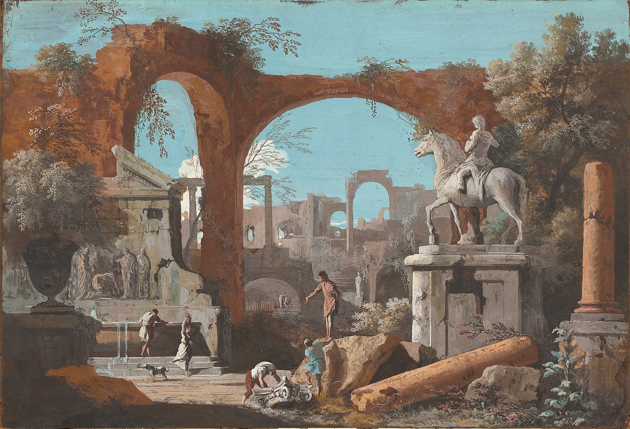 Sunlit Roman ruins that never stood together against a blue sky Sunlit Roman ruins that never stood together against a blue sky