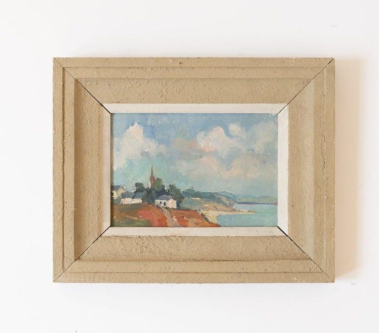 Petite Vintage French Oil Painting on Board, Shoreline Village Scene