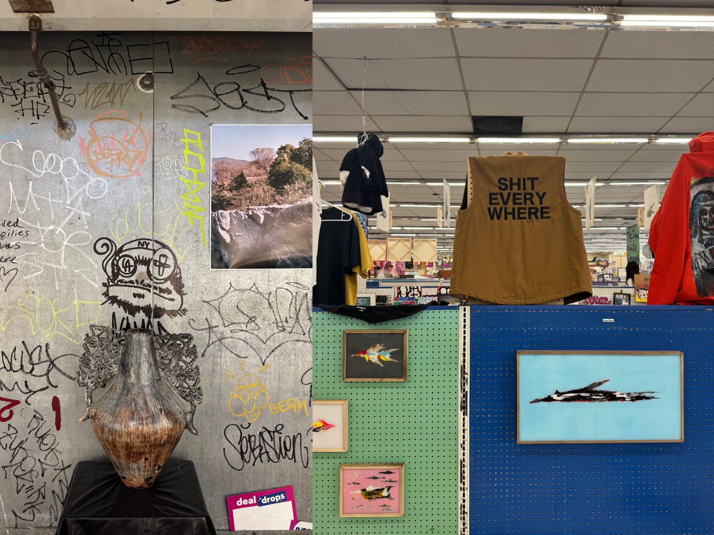 Inside the 99¢ store installation, artworks placed throughout aisles and inside refrigerated display cases under fluorescent lighting.