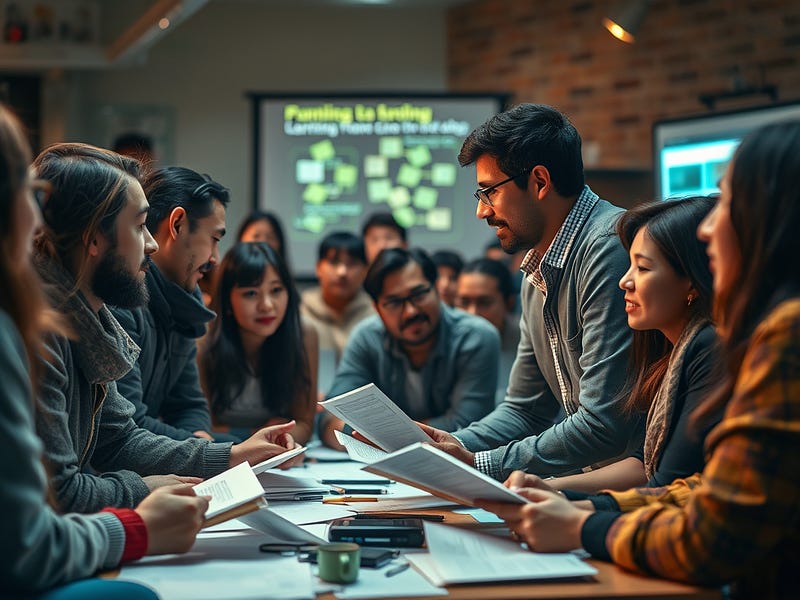 A person animatedly tells a story to an engrossed, diverse audience, creating a warm and focused atmosphere that stands in contrast to scattered papers from a past project in the background. A person animatedly tells a story to an engrossed, diverse audience, creating a warm and focused atmosphere that stands in contrast to scattered papers from a past project in the background.