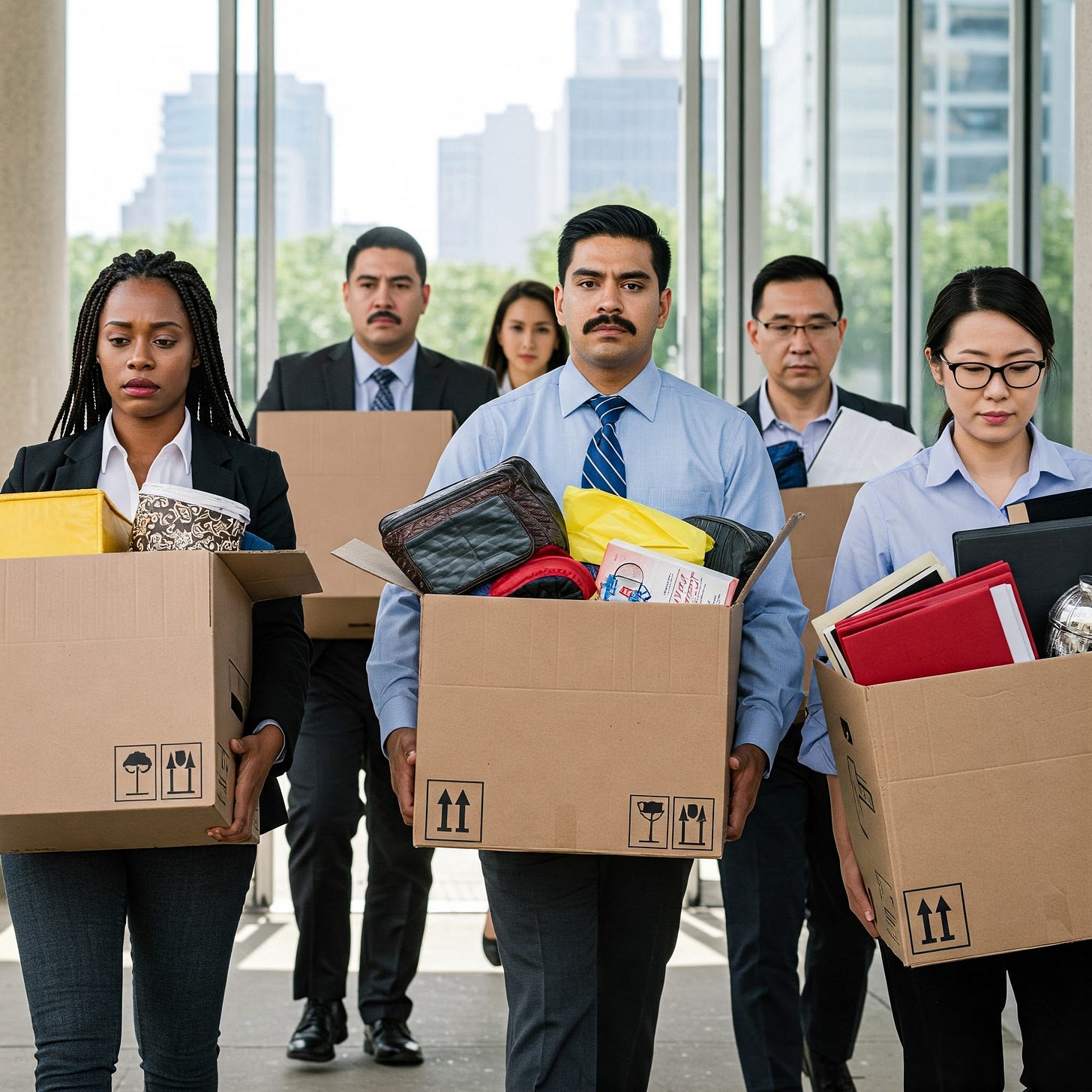 A group of workers carrying their belongings in cardboard boxes after being laid off