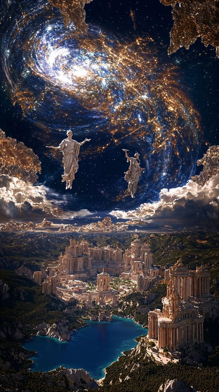 This may contain: an artistic view of the earth and its surrounding area, with stars in the sky