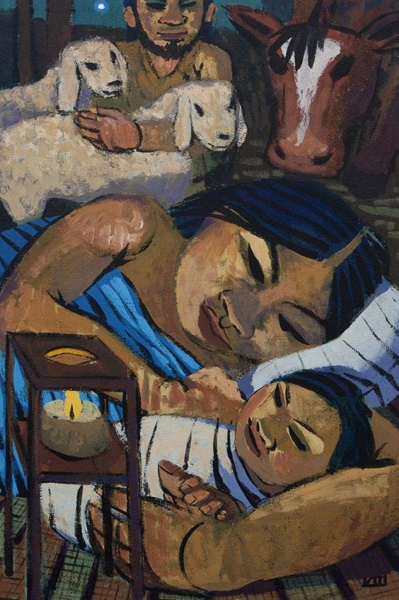 A collection of images of Mary at the manger: 1. Albin Egger-Lienz; 2. Sandra Bierman;