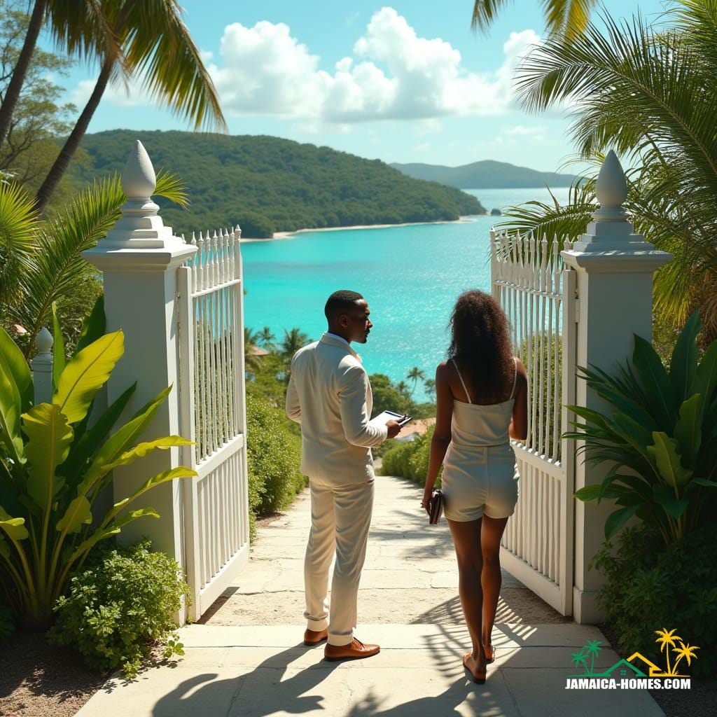 A stylish Jamaican realtor, smartly dressed in a crisp outfit, stands with two interested buyers in front of a freshly painted gate, surrounded by vibrant tropical landscaping, viewing a well-maintained villa on a sunny coastal hillside, overlooking turquoise Caribbean waters, with lush green hills and distant villas, in a cinematic film still style, with bright natural lighting, realistic details, and a clean contemporary aesthetic, reminiscent of the works of Andreas Gursky, Steve McCurry, and National Geographic photographers, with a 35mm film grain, subtle vignette, and cinematic color grading.