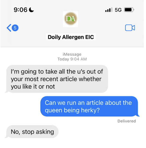 Text between the writer and Doily Allergen EIC rejecting an idea for a British article.