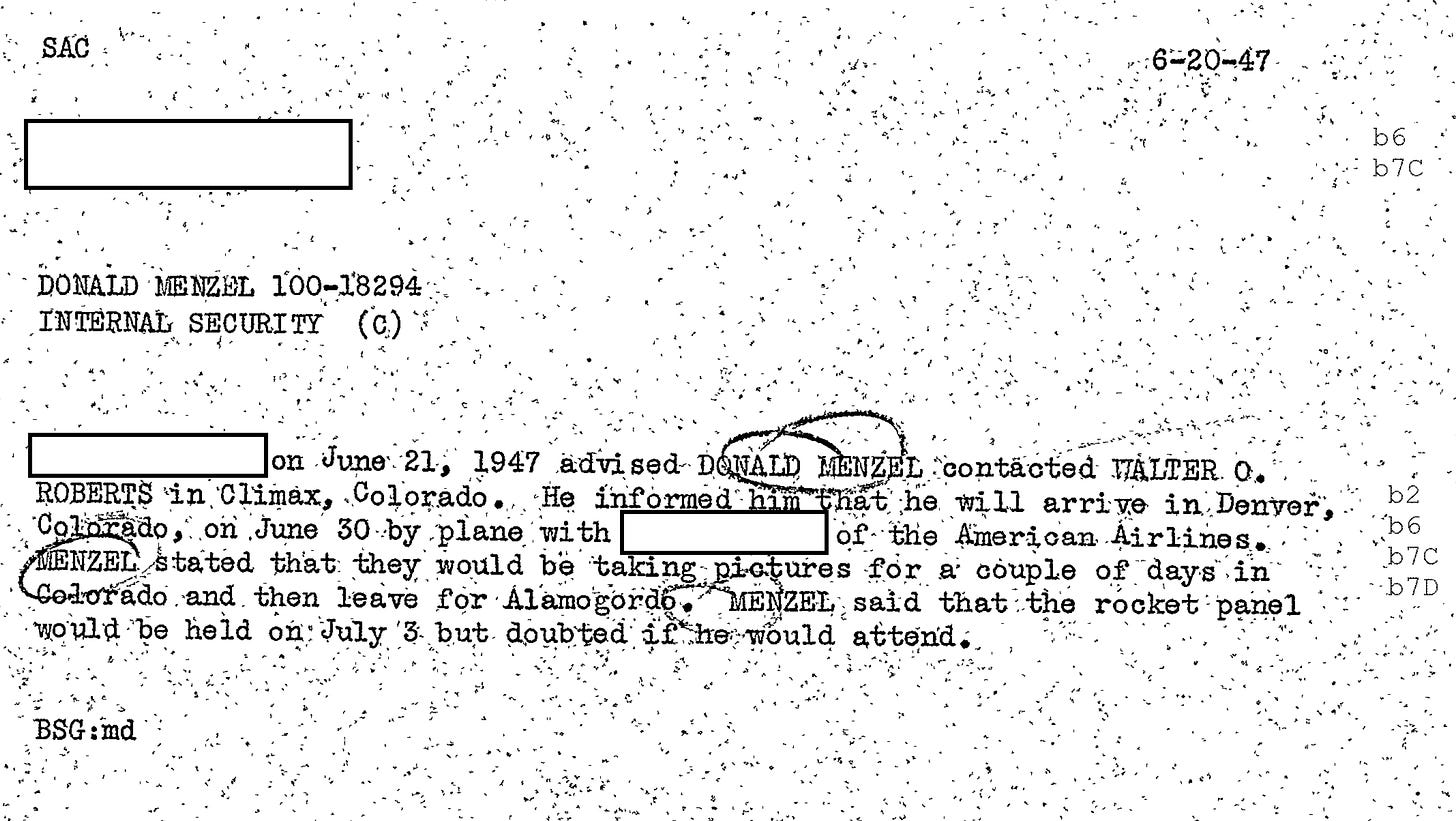 FBI Internal Security Memo, June 20, 1947, Subject: Donald Menzel 100-18294. Menzel heading to Roswell in July, 1947 FBI Internal Security Memo, June 20, 1947, Subject: Donald Menzel 100-18294. Menzel heading to Roswell in July, 1947