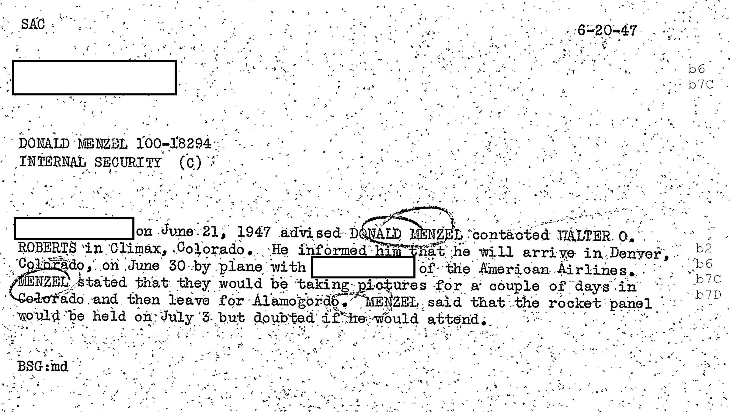 Subject: Donald Menzel 100-18294: FBI Internal Security Memo, June 20, 1947 - Menzel heading to Roswell in July, 1947 Subject: Donald Menzel 100-18294: FBI Internal Security Memo, June 20, 1947 - Menzel heading to Roswell in July, 1947