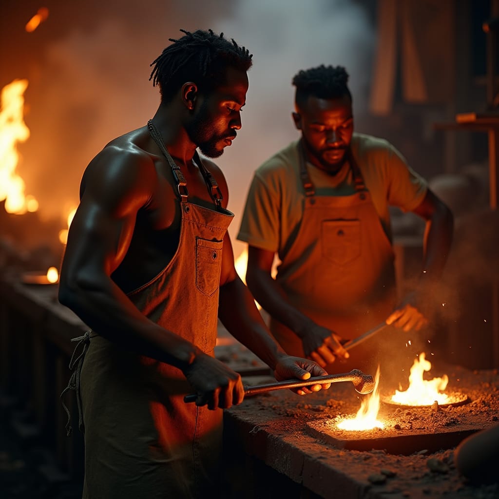 18th-century Jamaican foundry workers in worn, earth-toned clothing, hammering away at glowing hot metal, amidst a bustling Morant Bay foundry, pioneers a groundbreaking technique for mass-producing wrought iron from scrap iron, as sunlight filters through the thatched roof, casting dramatic shadows, in a warm, golden light