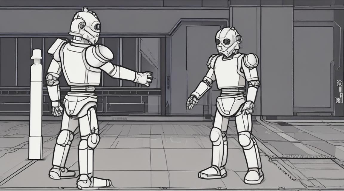 two robots preparing to spar