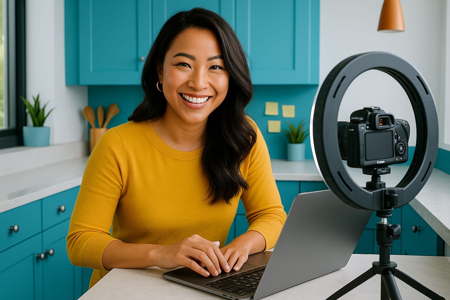 A young Asian woman wearing a mustard yellow top sits at a kitchen table with her laptop open, reviewing her food blog analytics. Ads are visible alongside her recipes on the screen. The kitchen background features bright accents in Blueberri brand colors, and she smiles with focus and optimism.