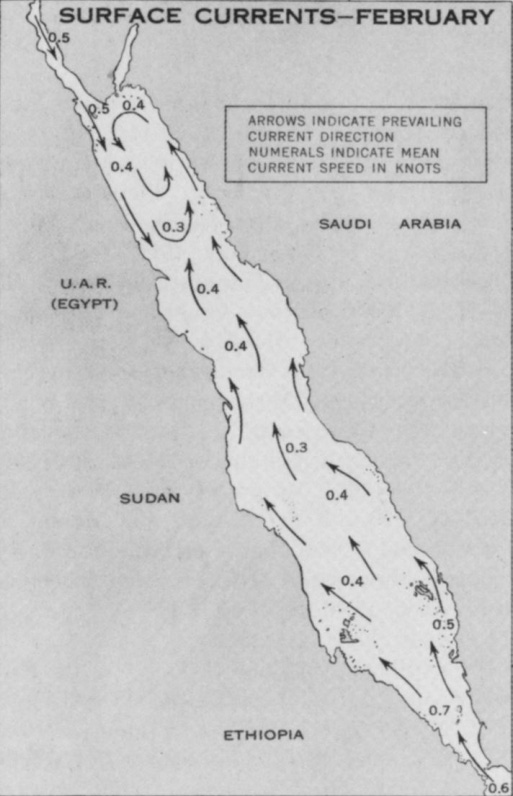 1st figure: Red Sea Surface Currents Around August, Figure 2: Red Sea Surface Currents Around February. Source: Reflections on Traveling to "God's Land'' and Punt in the Middle Kingdom, pg 129