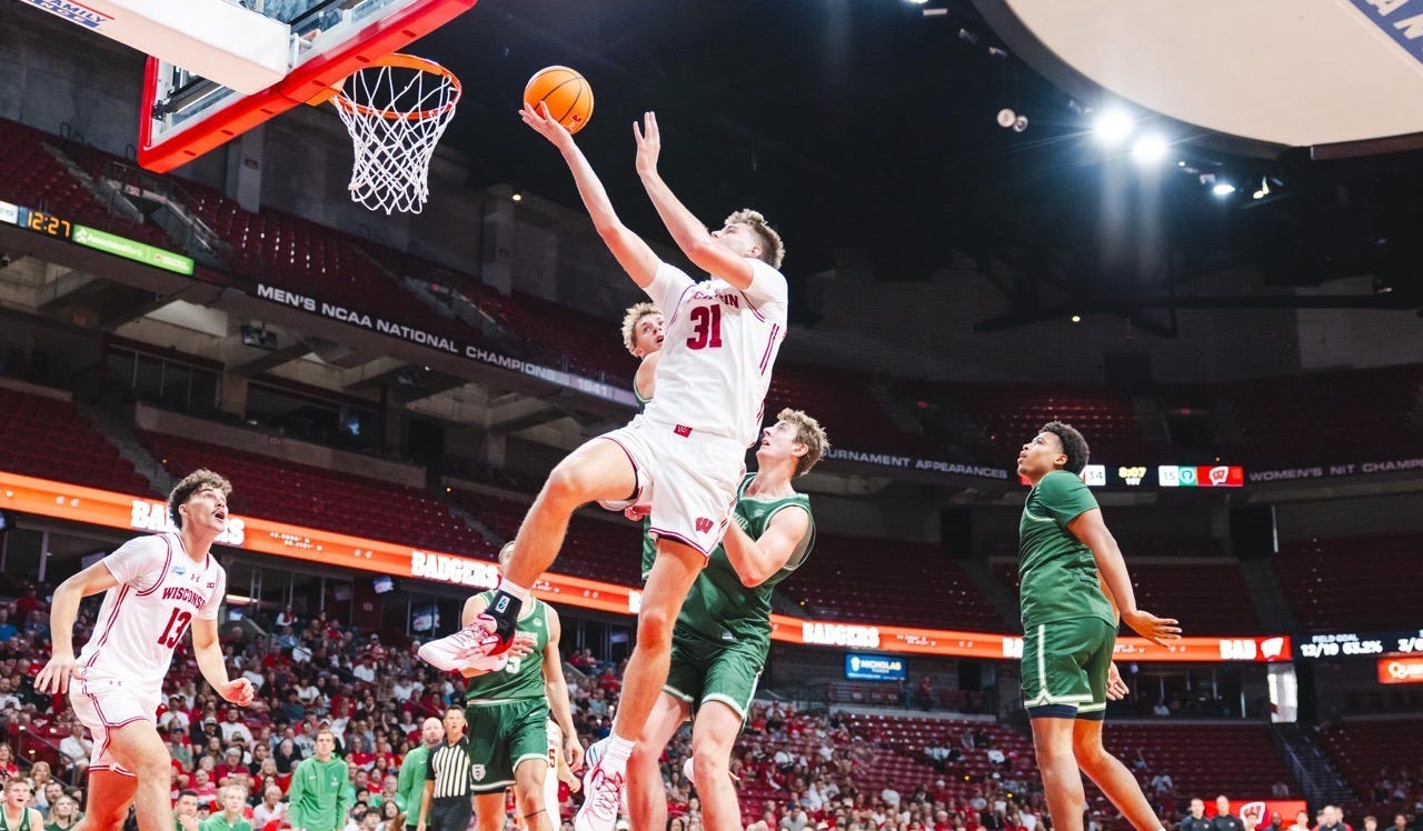 Wisconsin forward Nolan Winter attempts a layup over UW-Parkside defenders at the Kohl Center. Wisconsin forward Nolan Winter attempts a layup over UW-Parkside defenders at the Kohl Center.