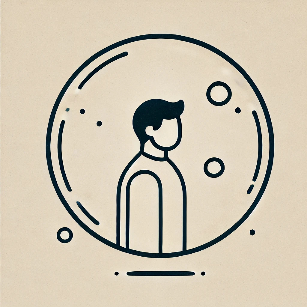 A simple, minimalist illustration of a person inside a large transparent bubble, with no smaller bubbles or circles inside the large bubble. The background is plain, with only the large bubble and the person as the focus.