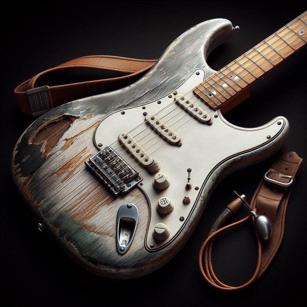 beat-up stratocaster photorealistic
