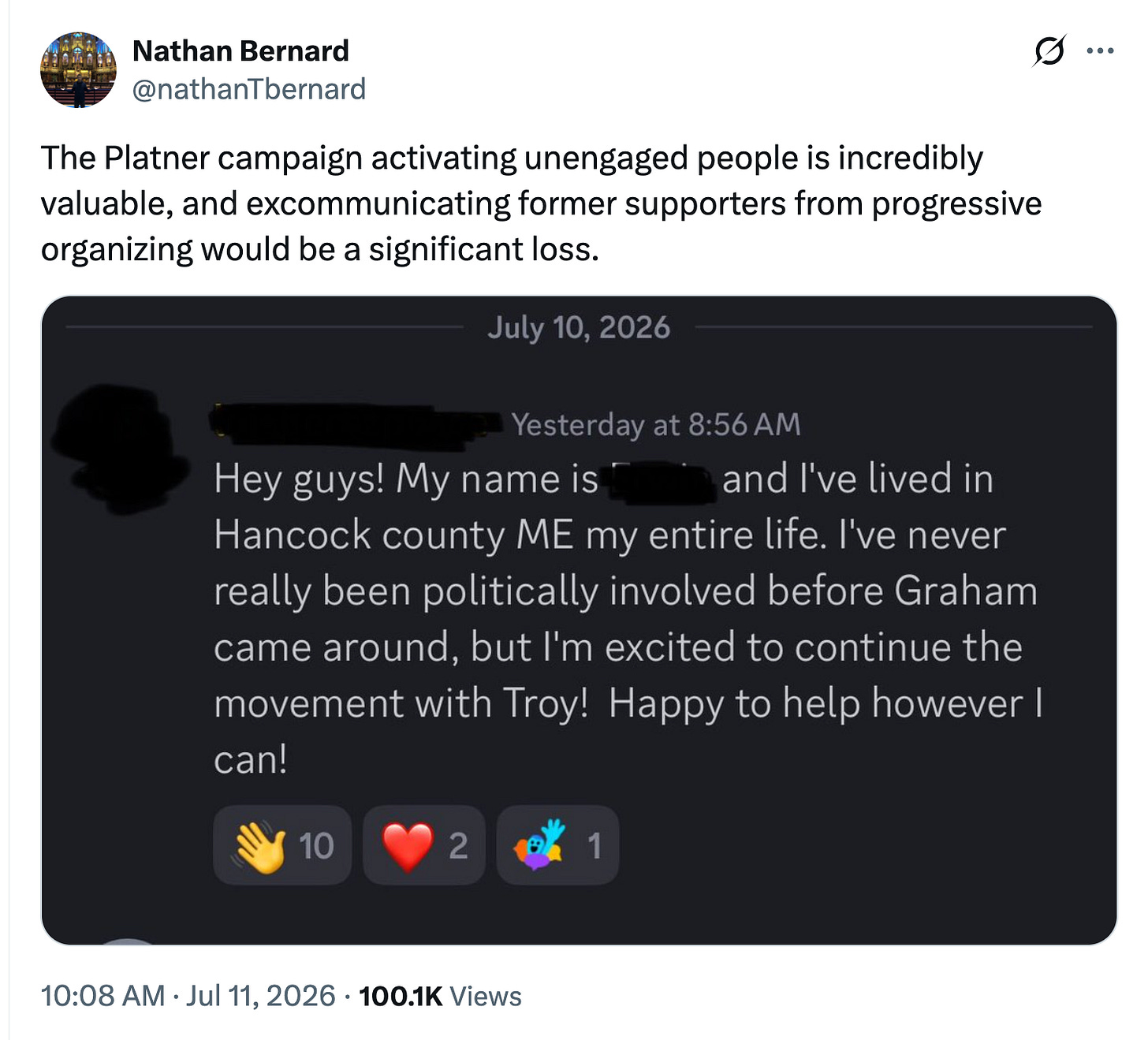The Platner campaign activating unengaged people is incredibly valuable, and excommunicating former supporters from progressive organizing would be a significant loss.