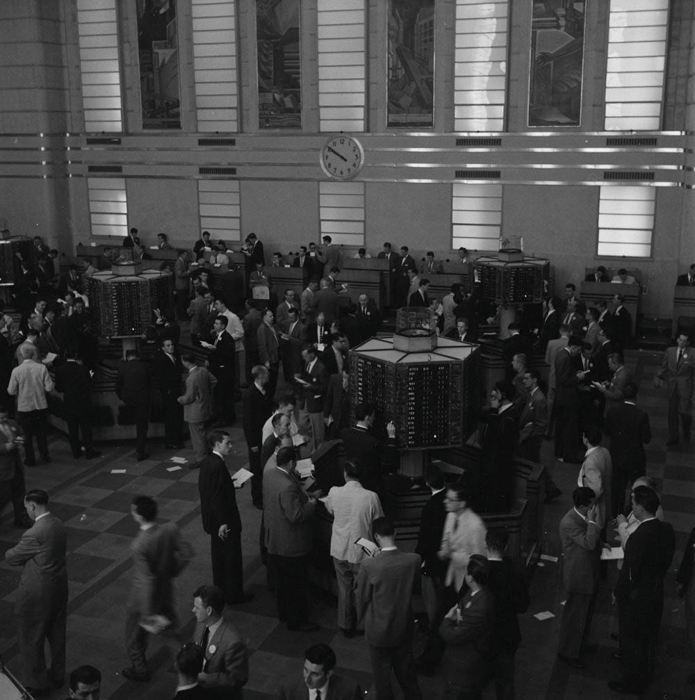 Photo: Chris Lund / Wikimedia Commons (Public domain) Title based on the following caption from the NFB Photo Story: Canada's biggest and most complex market-place, the Toronto Stock Exchange auctions off the securities of 1,103 companies. The Exchange has 120 employees, 40 of them on the trading floor