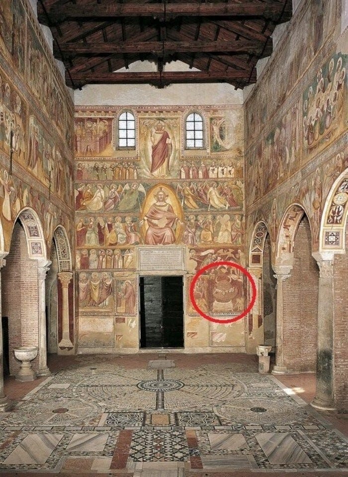 Afrescos na Catedral de Pomposa, a imagem do Anticristo é destacada em vermelho