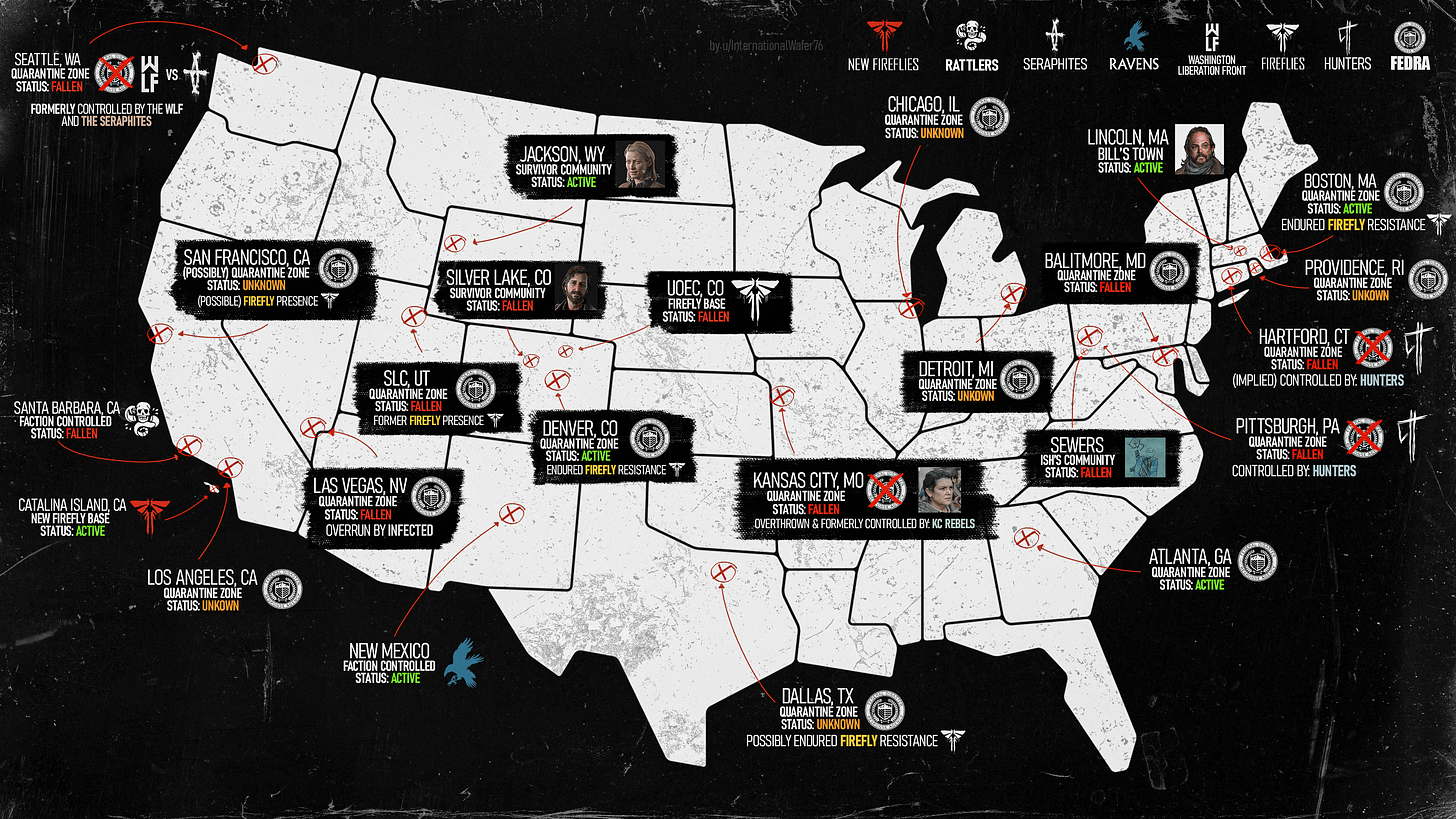 A map of the United States features cities marked with icons and text describing fictional events, characters, and outbreaks from "The Last of Us" video game series.