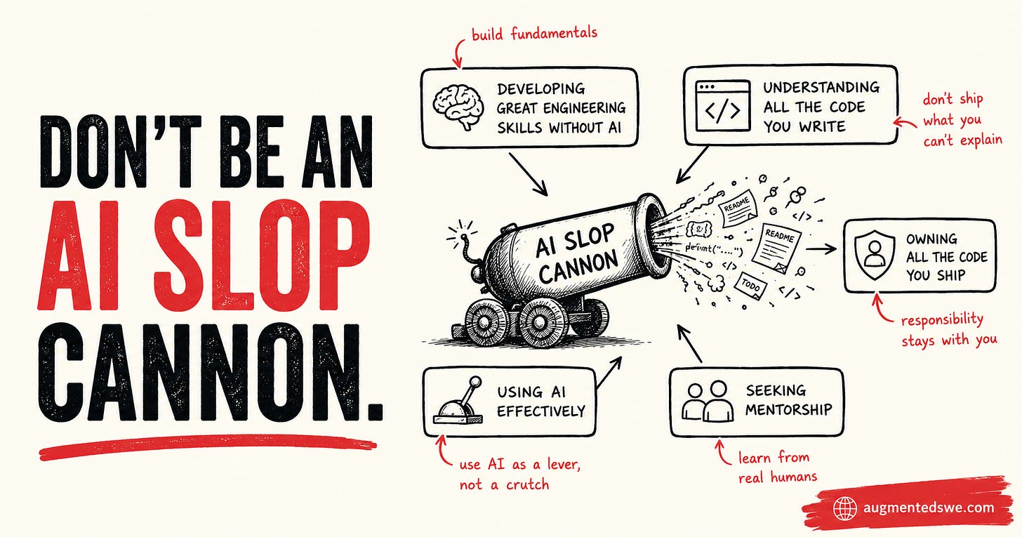 Diagram explaining how to avoid being an AI slop cannon, demonstrating how good engineering skills help you make software that is easy to maintain and extend Diagram explaining how to avoid being an AI slop cannon, demonstrating how good engineering skills help you make software that is easy to maintain and extend
