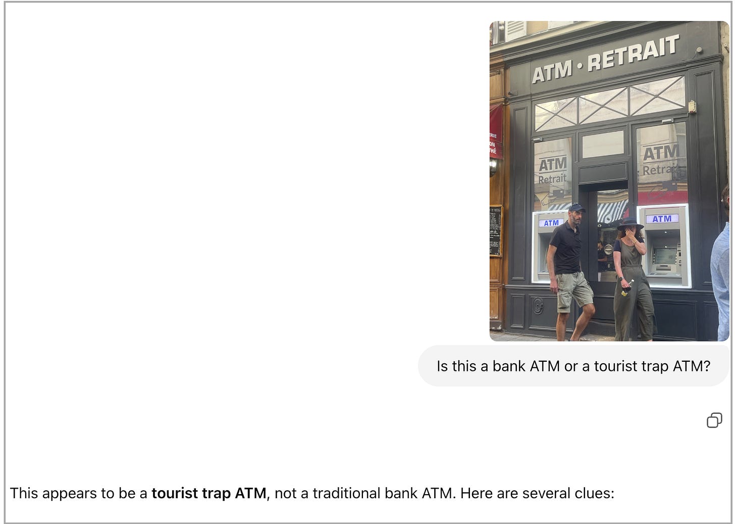 Screenshot showing photos of Easycash and ATM RETRAIT storefronts with ChatGPT warning about tourist trap ATMs