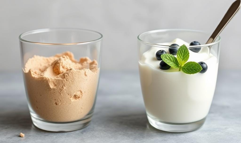 whey protein in a cup next to yogurt in a cup